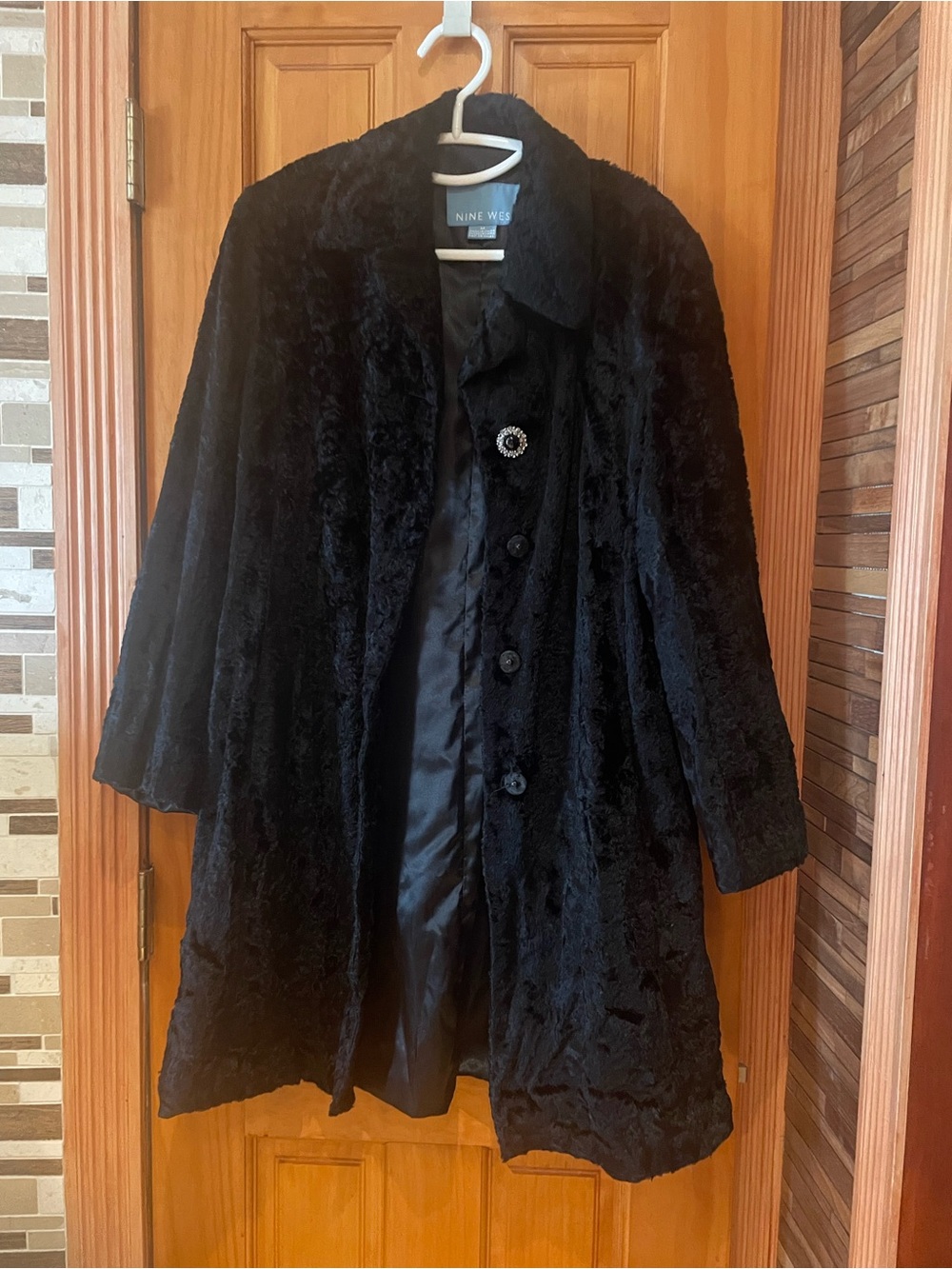 VINTAGE ,Nine West Black Faux Fur Teddy Coat with Rhinestone Accent